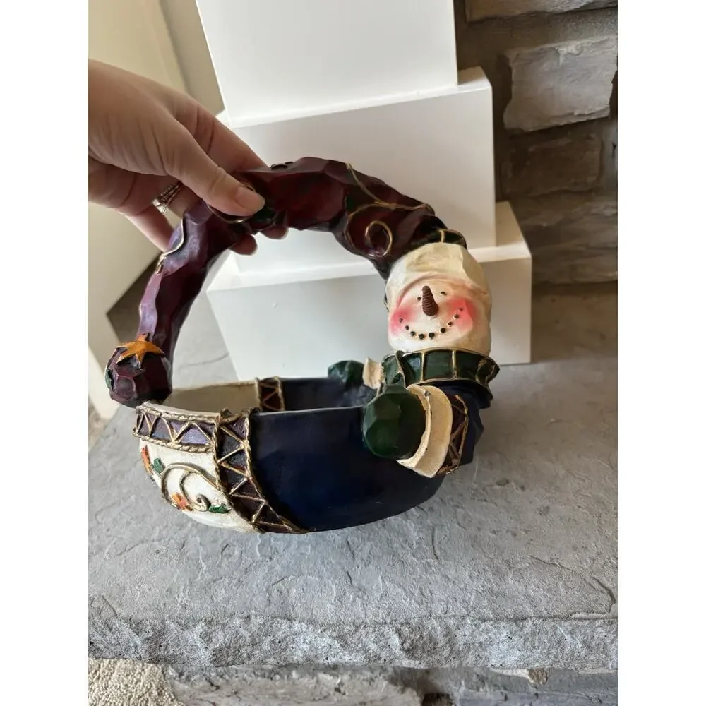 Vintage Christmas Snowman Decorative Candy Basket Centerpiece Resin 3D 90s Y2K